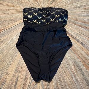 Karl Lagerfeld medium black gold ruffled high cut one piece strapless swimsuit